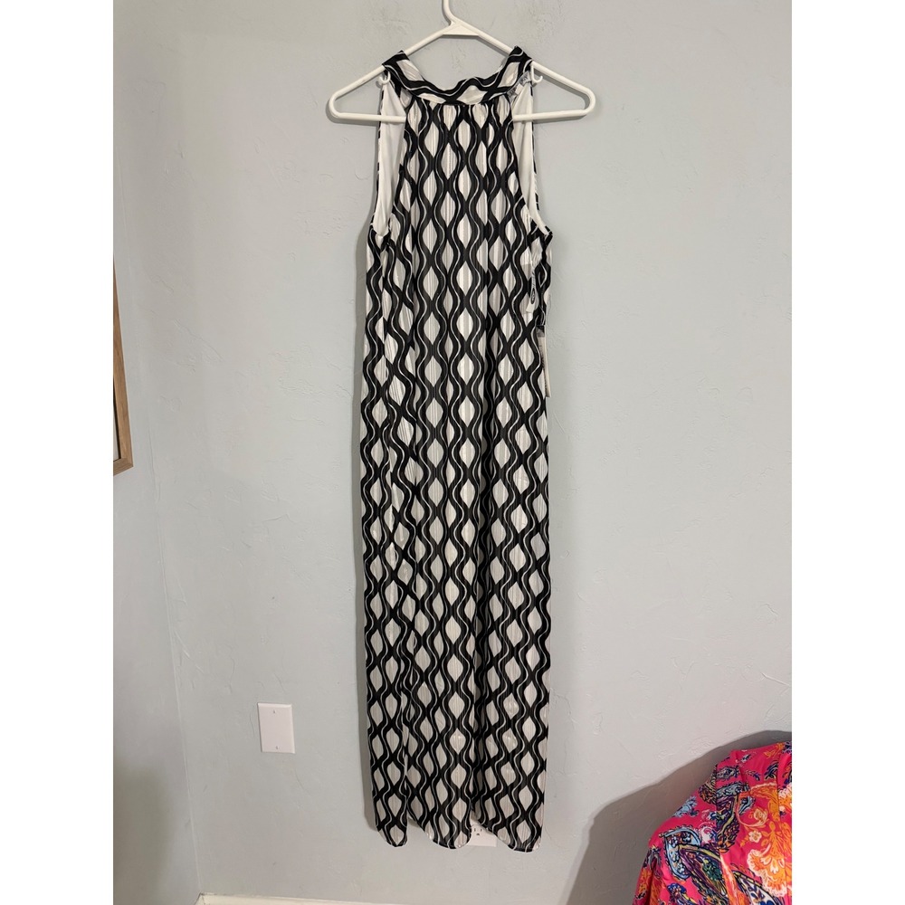 Luxology Womens Black White Geometric Halter Maxi Dress Metallic Gold Stripe S